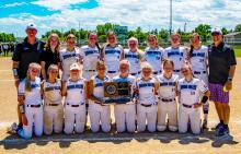 Dakota Valley 2024 Softball Team: Consolation Champions with a 5th Place Finish at State. Back row from left: Assistant Coach Jason Anderson, Madison Bell, Brennan Trotter, Madie Munch, Chaley Preston, Ellison Rose, Payten Konopasek, Paige Moffatt, Annie Bourne, and Head Coach T.C. Weinandt. Front row from left: Lexie Stusse, Bria Perryman, Ella Schmiedt, Avry Trotter, Ashlynn Stusse, Addison Dickson, Mia Riibe, and Emma Barnett.