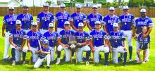South Dakota American Legion State Class “B” Sr. baseball tournament champions Elk Point-Jefferson Huskies. Back row from left; Coach John Gale, Ashton Fairbanks, Landon Johnsen, Eli Connors, Jace Shatswell, Ethan Bovill, Ty Trometer, Grayson Girard, Coach Chase Sherrill, and daughter Rivver. Middle row from left; Evan Hailey, Levi Hanson, Brody Van Roekel, Kayden Moore, Keaton Gale, Wyatt Herrity, and Jacob Gale. Front row bat boy Lucas Kauffman.   Photo by Peterman Sports Photography • stevepeterman5@gmai