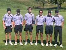 The Panther varsity boys golf team stands with their 1st place team plaque. From left: Cash Slater, Matt DeBeer, Tyler Cornelsen, Tate Cornelsen, Logan Collette, and Dylan Lukken. Submitted Photo