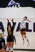 Claire Munch is seen here going up for the attack on Sept. 24, 2024. This was just 1 of her 21 kills in the match versus West Central. Photo by Peterman Sports Photography stevepeterman5@gmail.com
