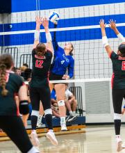 Ashley Brewer goes up for the kill at the net during EPJ’s home match on Oct. 3, 2024. Photos by Peterman Sports Photography • stevepeterman5@gmail.com