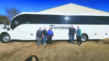 Foreman Busing has an executive coach bus that can be utilized by the Elk Point-School District for activities and sports events. From left: Doyle Foreman, Doug Brusseau, Justin Clercx, Philip Schonebaum, and Cody Foreman. Submitted photo