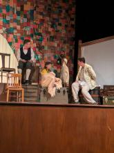 Three cast members of DV’s The Miraculous Journey of Edward Tulane rehearse a scene during DV’s tech day on Saturday, Nov. 2, 2024. From left: Aiden Keenan, Bella Hamm, and Ian Greene. Submitted photo