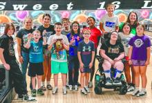 This year is the 2nd year of the team participating in special olympic bowling. The team consists of 4 unified partners and 9 athletes. Front row from left : Samantha Dudley, Griffin Sorum, Kyle Dudley, Clara Lambing, Nathan Rogers, Brystol Gabel, and Korbyn Vogt, Elly Gabel. Back row from left: Graclynn Bruns, Kayla Sharkey, Jackson Sharkey, Layla Ballard, Rawsen Vogt, and Cassandra Schmith. Submitted photo