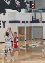 Tatum Sorensen goes for three during the home contest versus Cedar Catholic on January 16, 2025. Photo by Kelly Riibe • times2reporter@gmail.com