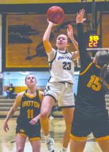 Ella Otten goes up strong for the shot against Groton at Mitchell’s Corn Palace.