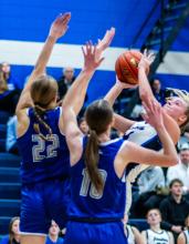 Senior Bentlee Kollbaum takes a strong shot on offense for EPJ versus SFC.