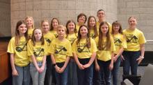 These Huskies participated in the 16th Annual Elementary Festival Choir on March 3, 2025. Back row from left: Anna Sellers, Lilli Kappenman, Khalen Fannon, and Bowen Hopper. Middle row from left: Lizzy McDermott, Mya Fetterman, Brynlee Glover, Anna Kappenman, Piper Attema, and Brianna Helling. Front row from left: Penny Bottger, Titus Carlson, Rowan Hindman, and Tesley Marx. Photo by Kelly Riibe • times2reporter@gmail.com