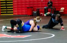 Panther freshman McKenzie Scott works hard during her match, at the Yankton tournament, on Friday February 7, 2025. Photo by Peterman Sports Photography • stevepeterman5@gmail.com