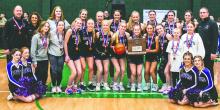 Dakota Valley Head Coach Tammy Lilly holds up the state plaque for her team to see on March 15, 2025. Photos by Peterman Sports Photography • stevepeterman5@gmail.com