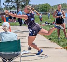 Molli Harkin placed 2nd in the girls shot put, for the Huskies, at the 2025 First Dakota Relays in Yankton. Photo by Kelly Riibe • times2reporter@gmail.com