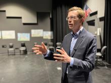 U.S. Rep. Dusty Johnson, R-South Dakota, speaks with students on May 19, 2023, in Sioux Falls. (Joshua Haiar/SD Searchlight)