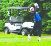 Sailor Kommes tees off during the girls Class A state golf tournament. Photo courtesy of SDPB