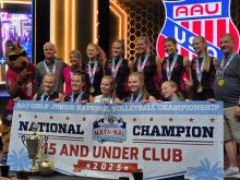 Midwest Elite 15U volleyball team won the 15 and under AAU National Championship. Two players plus the assistant coaches are from Dakota Dunes. Front row from left: Addy Ortegren, Blair Van Gelder, Coryn Kimbell, Charlotte Patee, and Camryn Glass. Back row from left: Assistant Coach Kam Smith, Assistant Coach Melissa Smith, Calley Stewart, Delaney Griebel, Raelyn Kempema, Ellie Friessen, Maggie VaanDrager and Head Coach Rick Pruett. Submitted photo
