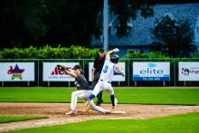 Vincent Hoffman makes the catch for DV and EPJ’s Nick Prouty is out at 1st base on July 16th. Photo by Peterman Sports Photography • stevepeterman5@gmail.com