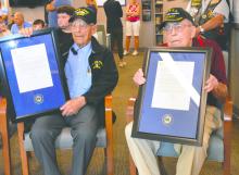A large crowd was on-hand to recognize the birthdays of veterans Robert Ensrud and Robert Irwin, on July 18, 2025 at the Sioux City VA Clinic in Dakota Dunes, SD. From left: Robert Irwin and Robert Ensrud.