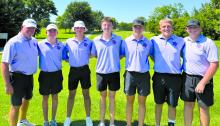 The DV boys varsity golf team tied for 1st place on August 19, 2025. From left: Coach Rodd Slater, Atti Slater, Tate Cornelsen, Cash Slater, Matt de Beer, Sean Meiske, Logan Brandon Submitted photo