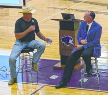 Guest speaker and former pro NFL player Jay Novacek did a Q&amp;A with DV AD Bill Clements for the Panther’s fall activities meeting on Monday, August 4, 2025. Photo by Kelly Riibe • times2reporter@gmail.com