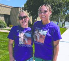 Friends and family of victim Jordan Beardshear wore shirts to the courthouse for the sentencing of Alfredo Castellanos-Rosales on Monday, August 25, 2025. Seen here are two friends of Beardshear’s. From left: Shaylee Wanderscheid, and Latasia Zinn.