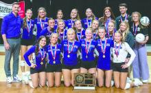 The Dakota Valley Panthers are the 2025 Class A state volleyball champions in South Dakota. Back row, from left: Head Coach Michael Whittlef, Tinsley Sorensen, Aubree Worden, Brenna Johnson, Remy Probasco, Skylar Anderson, Emily Olhausen, Assistant Coach Kristian O’Neill and Assistant Coach Kennedy Wineland. Middle row, from left: Madie Munch, Addi Bradshaw, Taylor Pearman, Ava Redstone, Taylor Piel and Bella Galles. Front row, from left: Sam Swick, Bria Perryman, Jaidyn Jund, Samantha Kimbell, Claire Munch