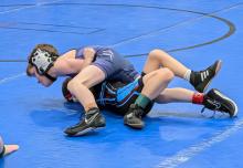 Leo Riibe, a 2nd grader at DV, secured a pin versus a Bon Homme opponent during EPJ’s youth wrestling tourney on Sunday, January 26th.