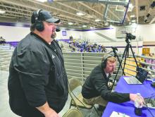 Kendall Hanson is seen here providing play-by-play commentary of EPJ girls basketball, versus Dakota Valley, on February 5, 2026. Ben Irlbeck is seated next to him and also helped stream the game to fans watching at home or on their mobile devices. Photo by Kelly Riibe • times2reporter@gmail.com