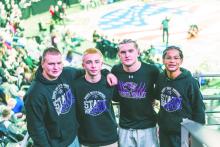Dakota Valley’s state wrestling qualifiers gather for a team photo at the 2026 state tournament in Sioux Falls. From left are Cooper Bernard, Landen Adams, Bennett Lukken and Darian Feese. Submitted photos