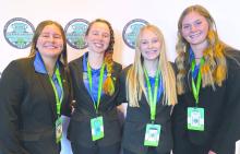 Regan Rasmussen, far left, is pictured with teammates Lydia Helkenn of Beadle County, Lillie Boden of Lincoln County and Lexy Faulhaber of Aurora County. Submitted photo