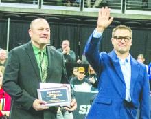 Scott Andal inducted EPJ’s Dan Swatek into the South Dakota High School Wresting Hall of Fame during the state tournament festivities which were held on February 26-28, 2026. From left: Scott Andal, and Dan Swatek. Submitted photo
