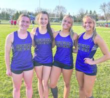 The Panther girls 4x100m relay of (L-R) Emma Honner, Julia Bernard, Ava Squier and Millie Squier broke the DV school record with a time of 50.78 on April 13, 2026. The prior record was originally held by R. Fehr, K. Reiff, J. Stevenson and L. Fehr. It was set in 2002 and was a time of 50.9. Photo by Kelly Riibe • times2reporter@gmail.com