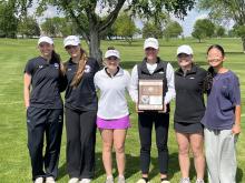 Dakota Valley girls golf qualified as a team for the state meet on May 21, 2026. The Panthers were Region 2A runner-ups. From left: Skylar Anderson, Remy Probasco, Addicyn Sailer, Katie Betsworth, Claire Wiebelhaus and Nichole Yang. Submitted photo
