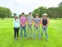 The Pointe Golf &amp; Event Center Superintendent Dave Nelson, far right, poses with his grounds maintenance crew on the course in Elk Point. Nelson, who has overseen the facility’s daily turf operations and upkeep since 2019, leads a dedicated staff that includes crew members, from left, Sydney Bousquet, Josh Nelson, Isaac Nelson, and Jerod Nelson. Bousquet joined the maintenance team in 2021, while Josh, Isaac, and Jerod have been working alongside Superintendent Nelson since 2019. Submitted photo