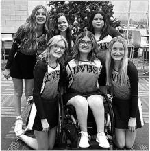 This year’s basketball cheerleaders for Dakota Valley are, front from left, Madison Bell, Karlee Hughes and Rachel Bryan; and back, Abby Wagner, Bailey Link and Ashlyn Castro. Austyn Koedam is not pictured. Submitted photo