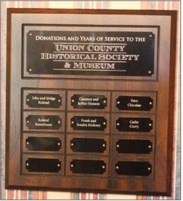 A plaque has been added to the inside of the Union County Museum – Charles Murtha House for individuals who have made substantial donations and committed years of service to the Union County Historical Society and Museum. Photo by Beth Hutcheson • times1reporter@gmail.com