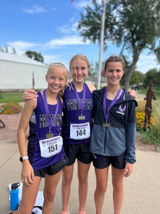 Medaling at the Beresford Cross Country Invitational were Varsity runners Ella Otten (18th), Alex McCullough (17th) and Sophia Redler (14th). Submitted photo
