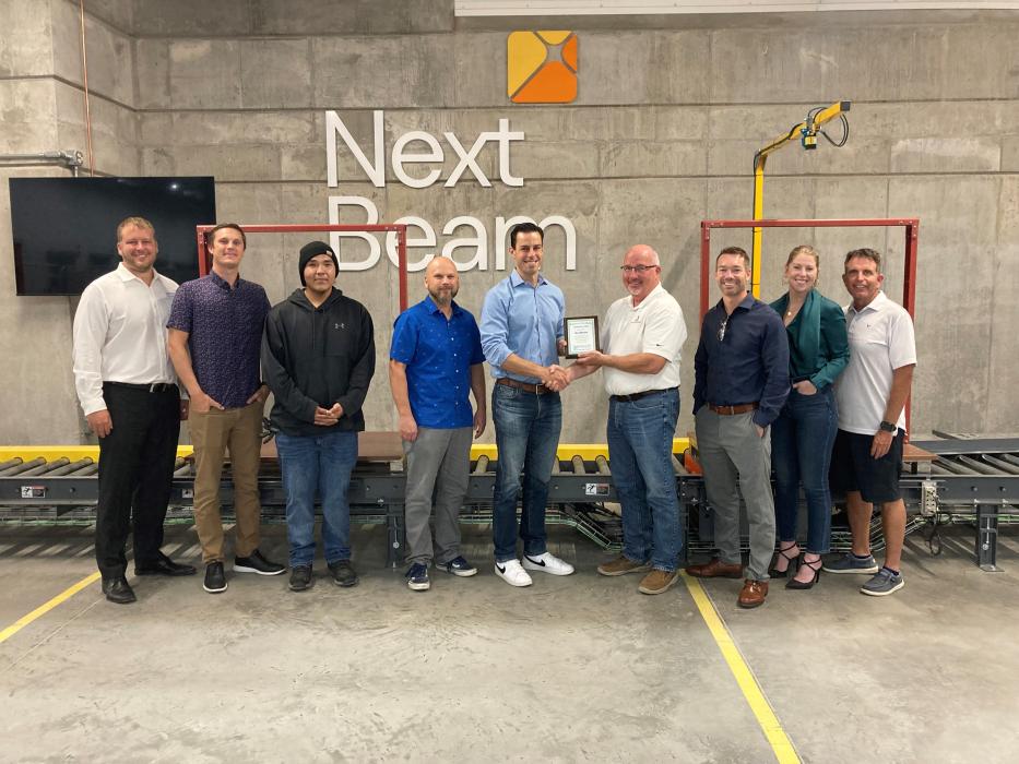The North Sioux City Economic Development Corporation (NSCEDC) named Next Beam as the September Business of the Month. Pictured are, from left, NSCEDC Executive Director Andrew Nilges, Governor’s Office of Economic Development Tanner Beukelman, Operator Daron Ratliff, NSCEDC Director John Stevens, NextBeam CEO Andrew Patton, NSCEDC Board President Mike Huber and NSCEDC Directors Dustin Pratt, Megan Moore and Jamie Wankum. Submitted photo