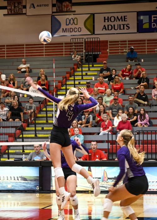 Jorja VanDenHul had 4 kills and 5 blocks against Yankton Aug. 25. Photo courtesy of Squier Designs