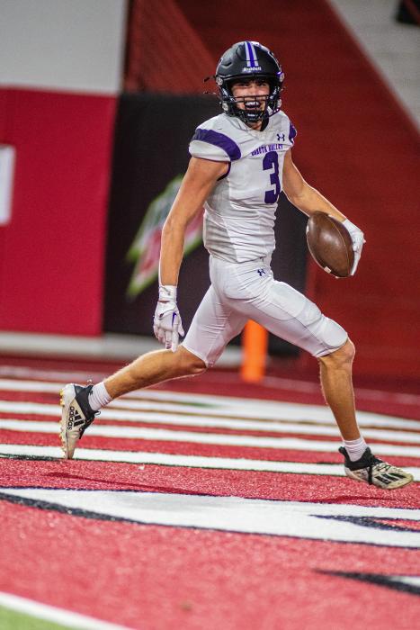 Trae Piel had a great night against Vermillion Aug. 26. Piel had a touchdown, a sack for loss and a breakup. Photo by Peterman Sports Photography • photoman@iw.net