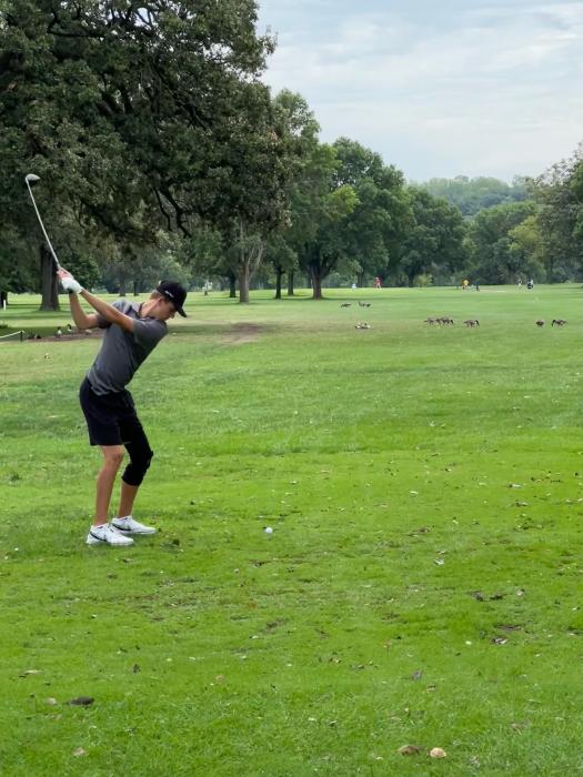 Tyler Cornelsen hits down the fairway at the Dakota Valley Invitational Aug. 24.  Submitted photo
