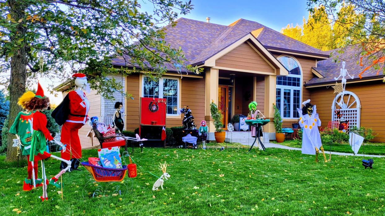The Tureaud home in Dakota Dunes is decorated for the Halloween festivities. This year the skeletons are dressed up and having a Christmas party. Photo by Kelly Riibe • times2reporter@gmail.com
