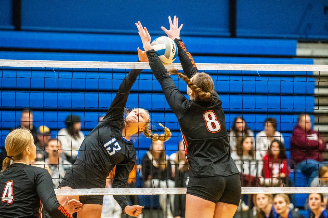 Bentlee Kollbaum (pictured here against Dell Rapids) recorded 14 kills against Madison Oct. 21 Photo by Peterman Sports Photography stevepeterman5@gmail.com