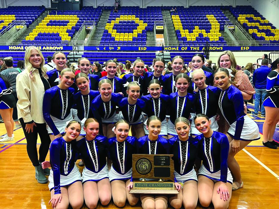 The Dakota Valley Competitive Dance Team has once again clinched the State A Championship. This is their 13th consecutive state title. Pictured are team members, front row from left, Ava Merchant, Sammie Pollema, Mackenzie Keizer, Emily Jumper, Zoey Eriksen and Megan Poulsen; middle, Josie Hall, Marissa Loe, Cadence Irwin, Alexzandra Nelson, Gracie Hamilton, Bella Burhoop, Adalie Major and Payton Bernard; and back, Coach Gabbie Jansen, Ashley Jelken, Brennyn Jensen, Bridget Saltzman, Macie Paulsen, Suri Uhl