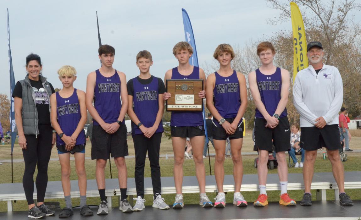 The Dakota Valley boys cross country team brought home a 5th place finish from the state cross country meet Oct. 22 in Huron. Members of the team are, from left, head coach Tiffany Wendling, Jamison Gould, Brayden Karkalik, Michael Green, Avery Bradshaw, Jack Brown, James Kilcullen and assistant coach Phil Breed. Photo by Kelly Riibe • times2reporter@gmail.com