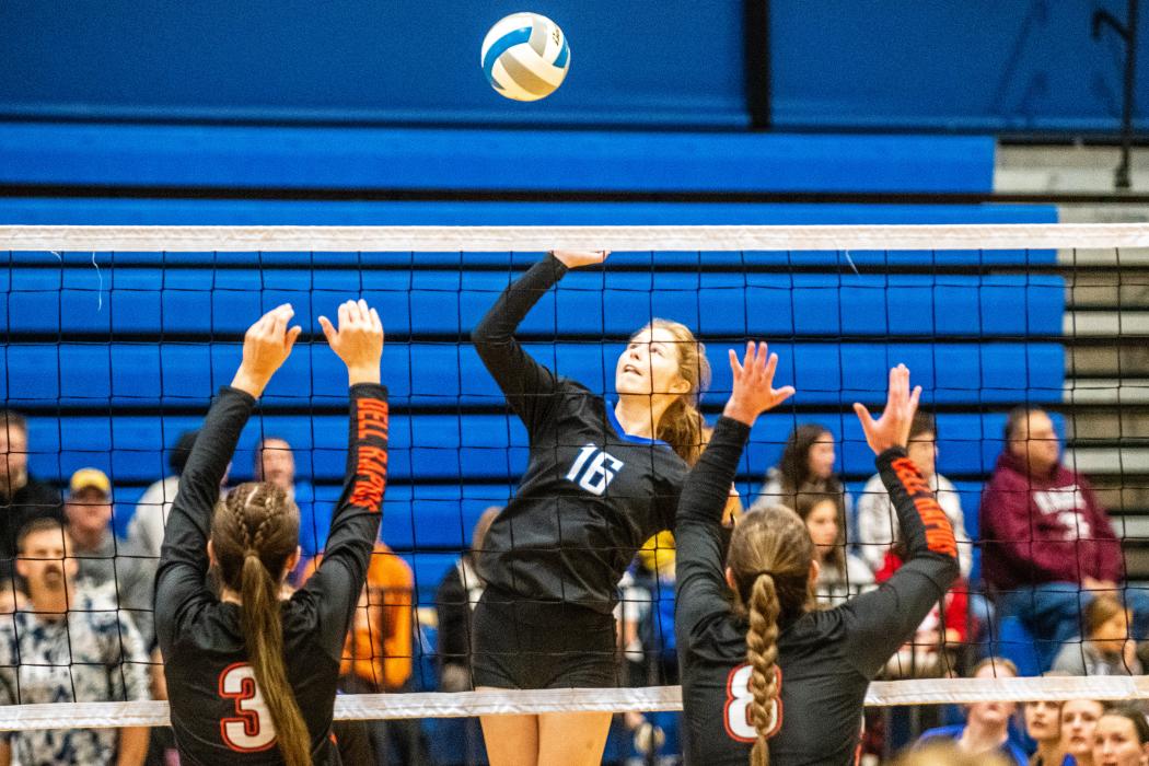 Natalie Heuertz (pictured against Dell Rapids) was a force at the net putting down 14 kills against Madison Oct. 21 Photo by Peterman Sports Photography stevepeterman5@gmail.com