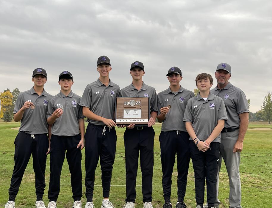 The Dakota Valley boys golf team brought home third place from the State A Golf tournament. Pictured, from left are, Tate Cornelsen, Matt deBeer, Tyler Cornelsen, Dylan Lukken, Logan Collette, Cash Slater and head coach Rodd Slater. (below) Dylan Lukken and Logan Collette medaled at state with a 14th place finish. Submitted photos