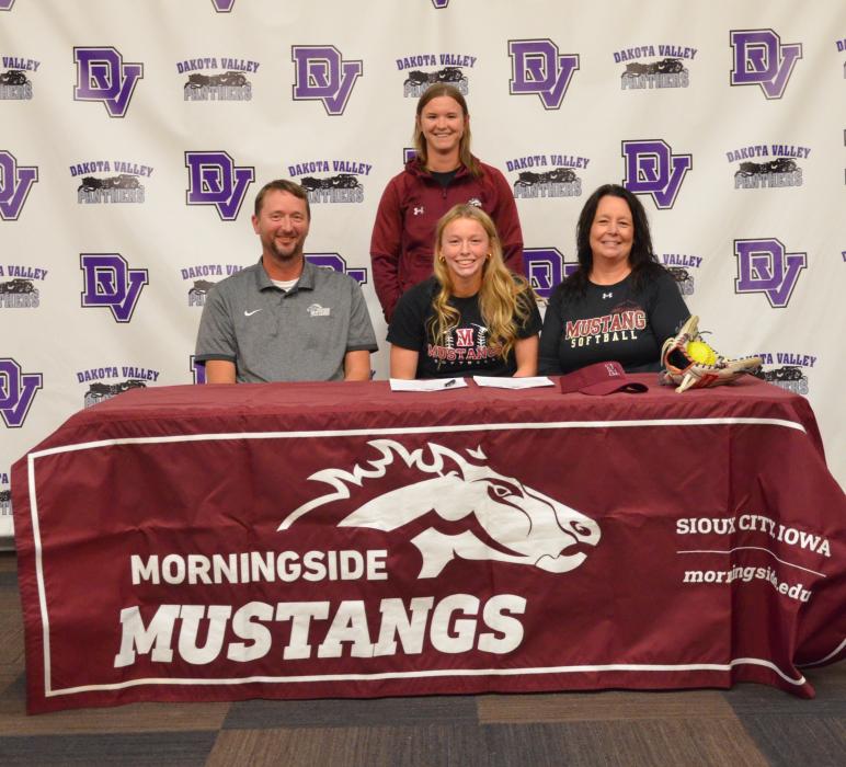 Emma Wiese signed her letter of intent to play softball with Morningside University. Pictured are, front from left, Sam Wiese, Emma Wiese, Kelly Wiese ; and back, Brooke Pruner, Morningside Head Softball Coach. Photo by Kelly Riibe • times2reporter@gmail.com