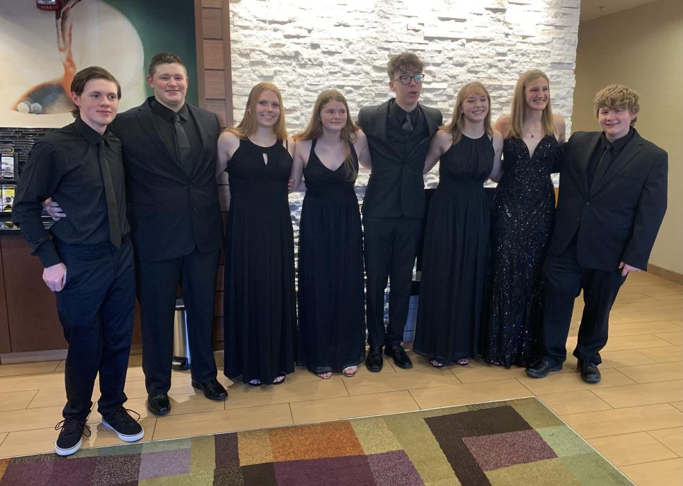 The 70th annual South Dakota All-State Chorus and Orchestra was held Oct. 29 at the Denny Sanford Premier Center in Sioux Falls. Attending for Elk Point-Jefferson were choir members, from left, Levi Stultz, Aiden Kellen, Grace Schuh, Samantha Marx, Aaron Coyle, Chloe Bonnema, Avery Norris and Cole Braun. The choir was comprised of 920 singers representing 140 high schools. Submitted photo
