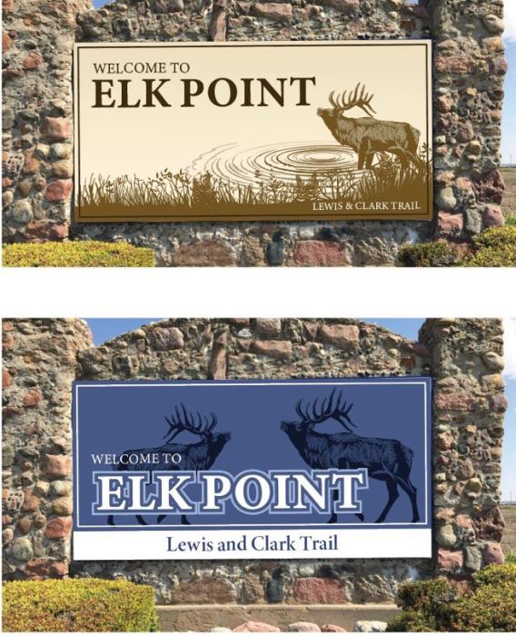 These are the two proposed designs to update the current Welcome sign on the east side of Elk Point. Submitted renderings