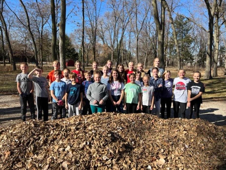 Members of the Dakota Valley Middle School Student Council that helped rake Adams Homestead  on Nov. 1 were, front from left, Bryer Langley, Eliana Corporon, Collins Ward, Annabelle Martindale and Embrey Lubarski; middle, Garrett Hanson, Ethan Campbell Harrison, George Schnabel, Marcus Wheeldon, Neil Pfeifer, Vail Krage, Mila DeBeer, Baylee Warner, Audrey Sindt, Sophie Meyer and McKenley Koedam; and back, Gavin Langley, Aubree Worden, Paige Moffatt, Coryn Kimbell, Gracie Hamilton, Katie Betsworth, Lexie Stu
