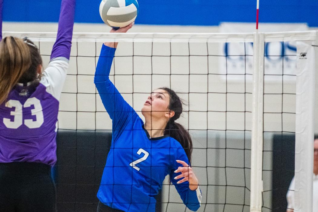 Danica Torrez sneaks the ball through an attempted block by Beresford Nov. 1. Photo by Peterman Sports Photography • stevepeterman5@gmail.com